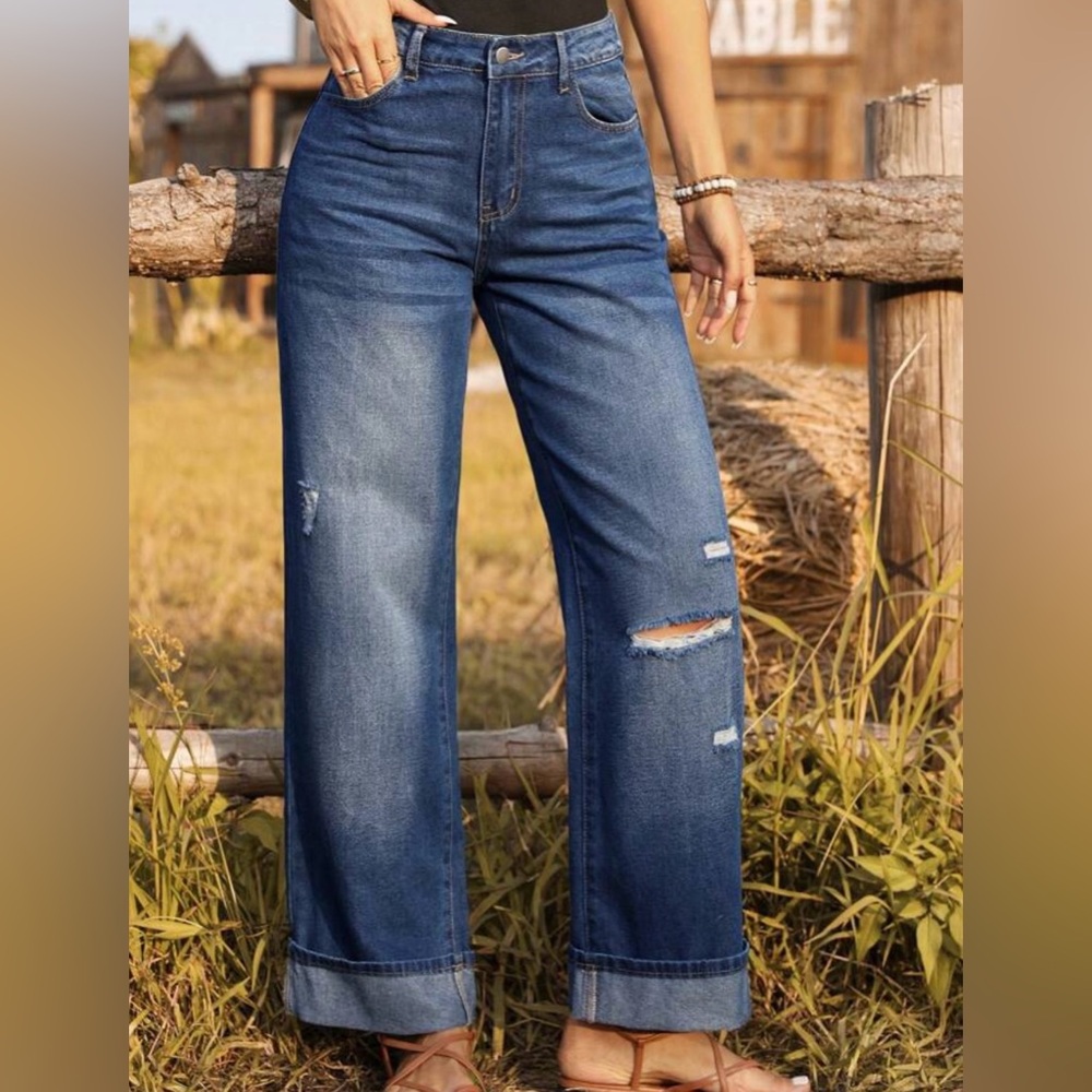 Women's Casual Distressed Straight Leg Denim Jeans Wide Leg Size 32 /8/10